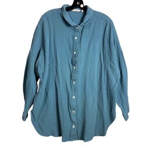 Soft Surroundings Textured Cotton Gauze Button Front Tunic Shirt Blue 2X  plus